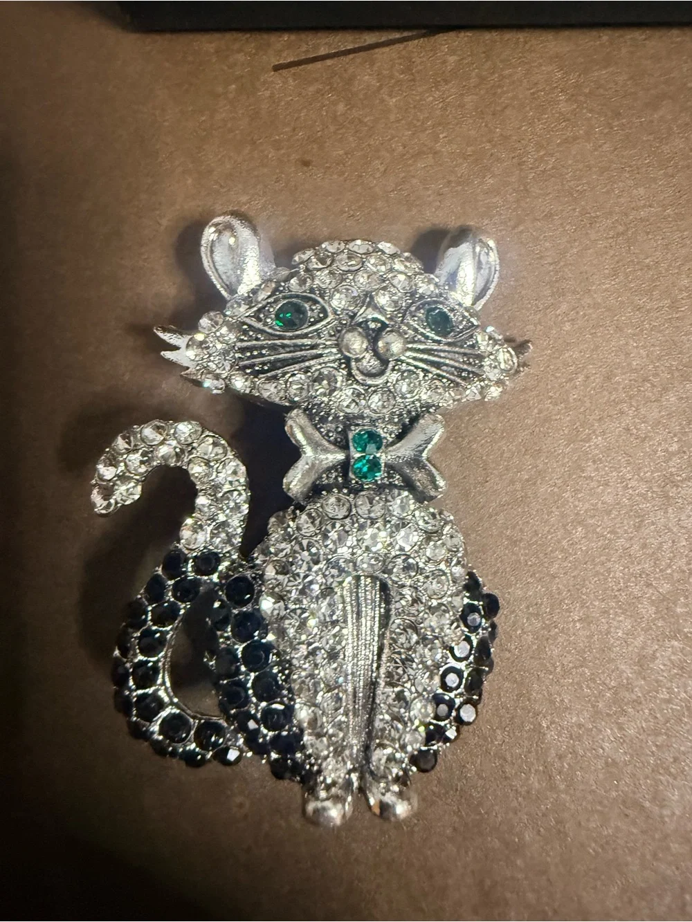 The Dapper Crystal Cat Brooch Pin - Silver and Black
